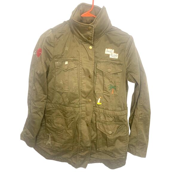 Joie Army Jacket XS Olive Green Hood Embroidered Zip Snap Close Military Womens - Picture 1 of 9